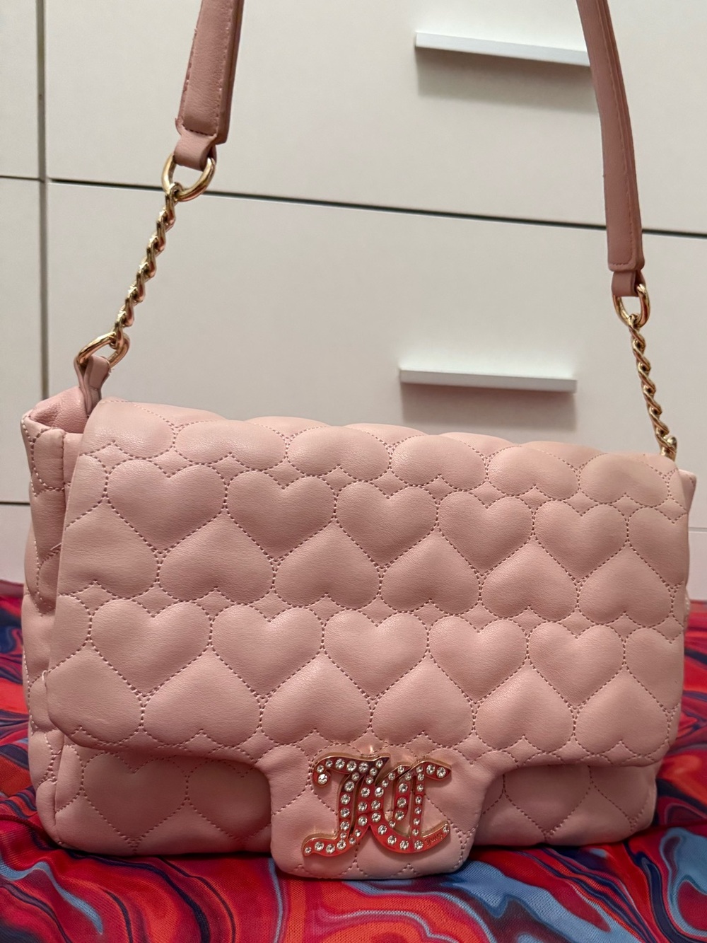 Juicy Couture Baby Pink Heart Quilted Flap Crossbody Bag Rhinestone Logo